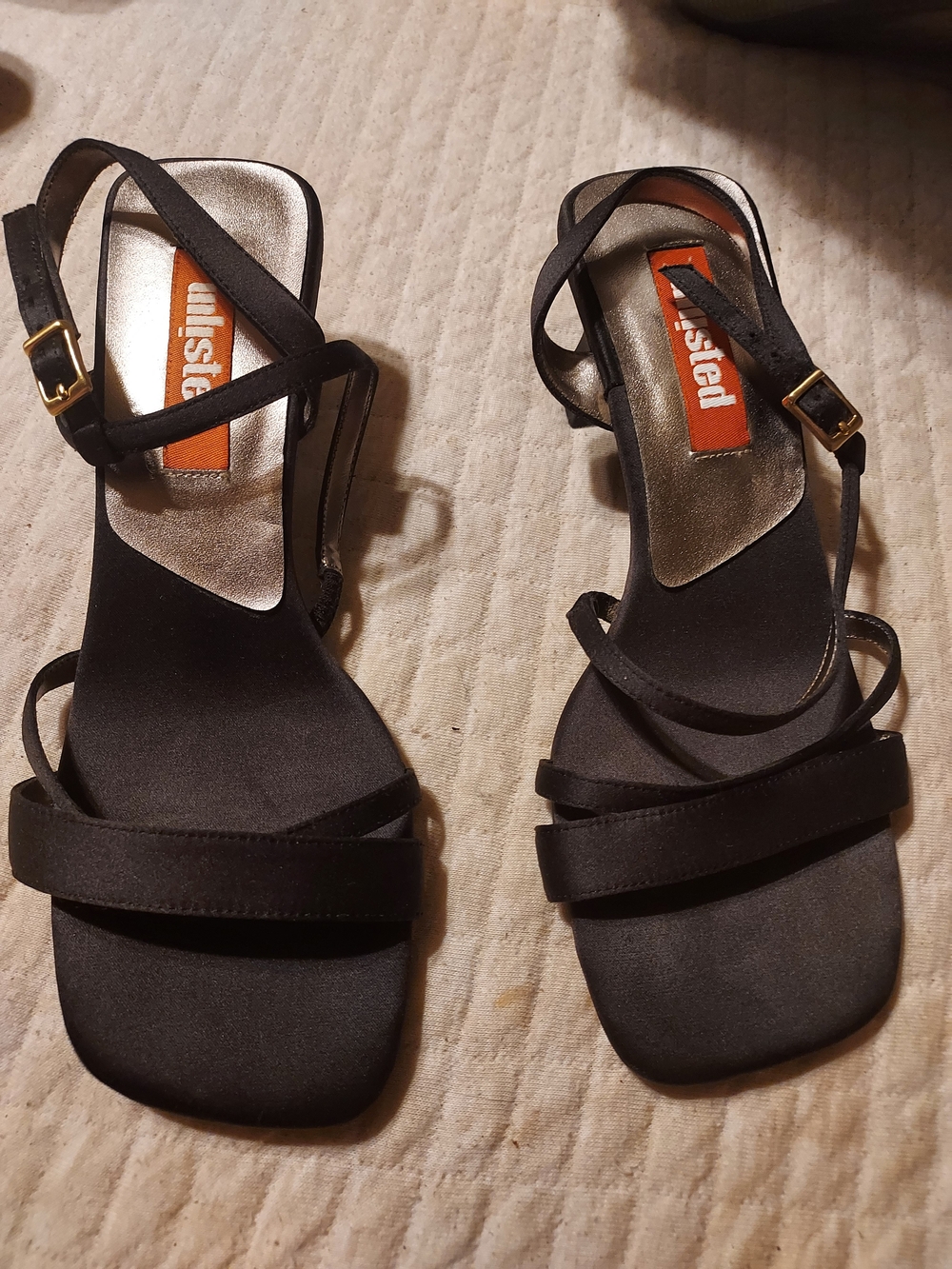 Vintage Unlisted Kenneth Cole Black Satin Strappy Square Toe Kitten Heels 7